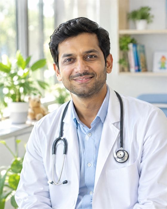 Portrait of a smiling paediatrician in a white coat