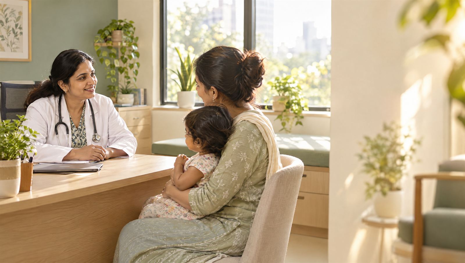 A doctor smiling as she talks with a mother holding her toddler in a sunlit consultation room