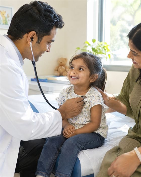 A doctor listening to a smiling child's chest with a stethoscope