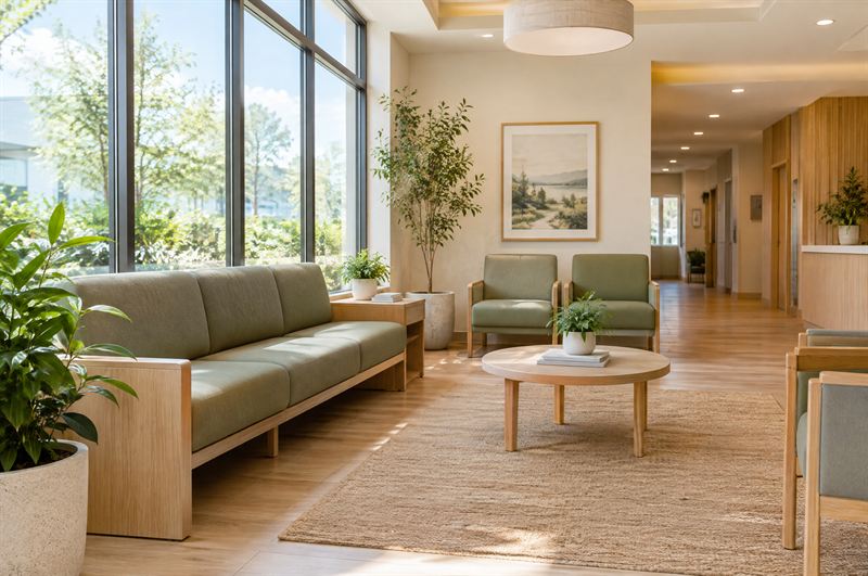 Calm waiting area with sage seating, plants and big sunny windows