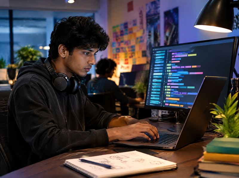 Student coding at a laptop with a second monitor in an evening studio