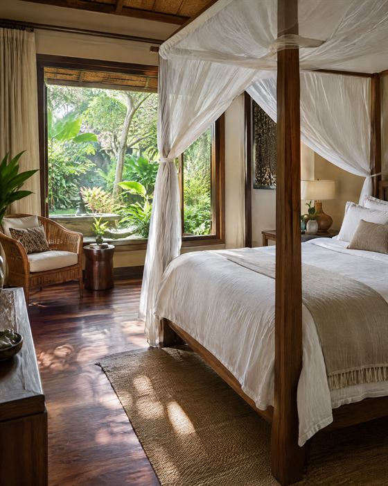 Garden suite bedroom with a canopy bed, teak floor and a window onto green garden