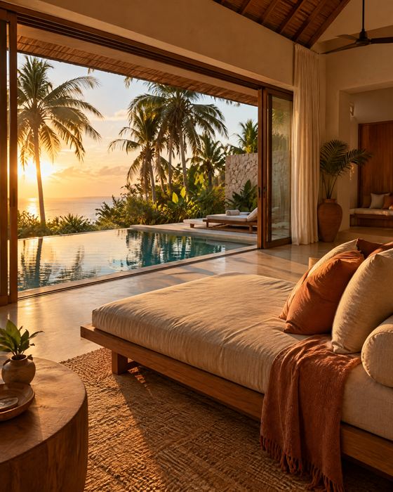 Pool villa living space opening onto a private plunge pool at golden hour