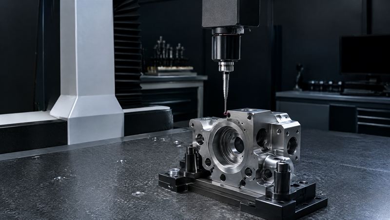 Coordinate measuring machine probe inspecting a machined part