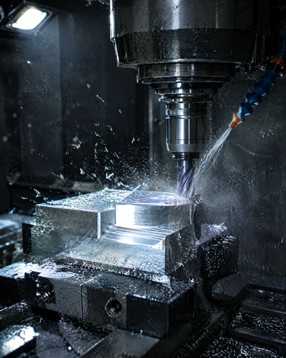 CNC spindle cutting an aluminium block with coolant mist