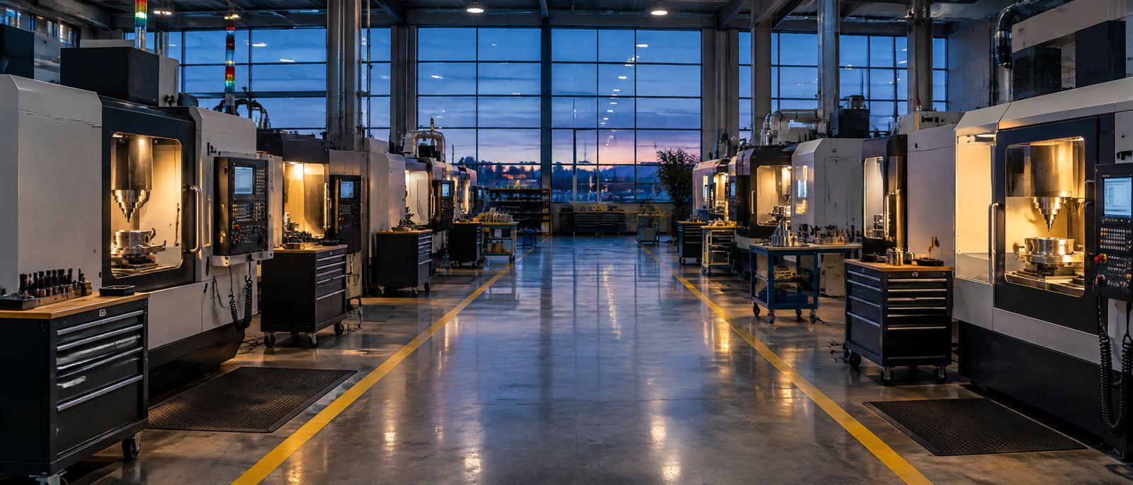 Rows of CNC machining centres on a clean shop floor at dusk