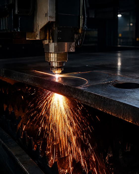 Fibre laser cutting a steel plate with a shower of sparks