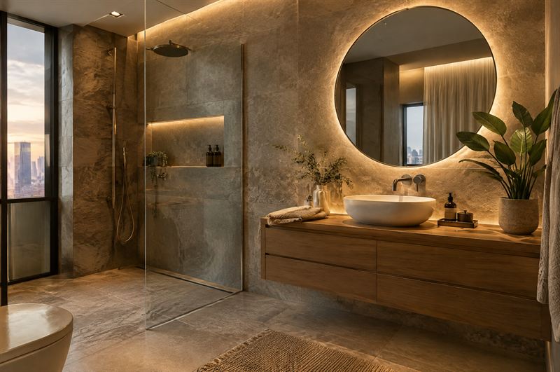 Bathroom with stone-look tiles, rain shower and floating timber vanity