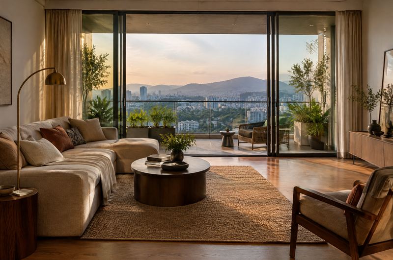 Living room with floor-to-ceiling glass opening onto a deep balcony