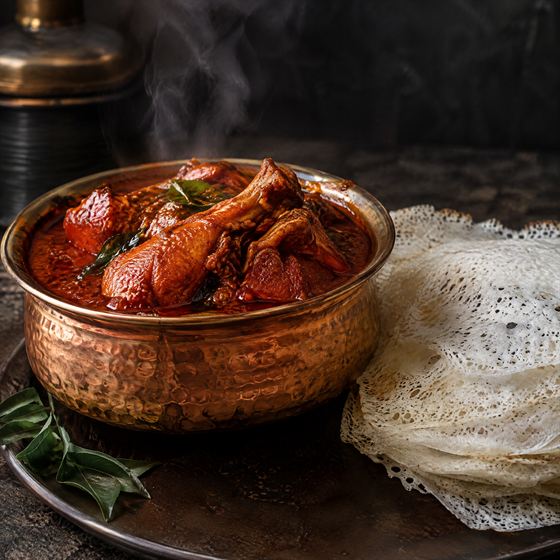 Glossy red ghee roast chicken in a copper bowl with neer dosa