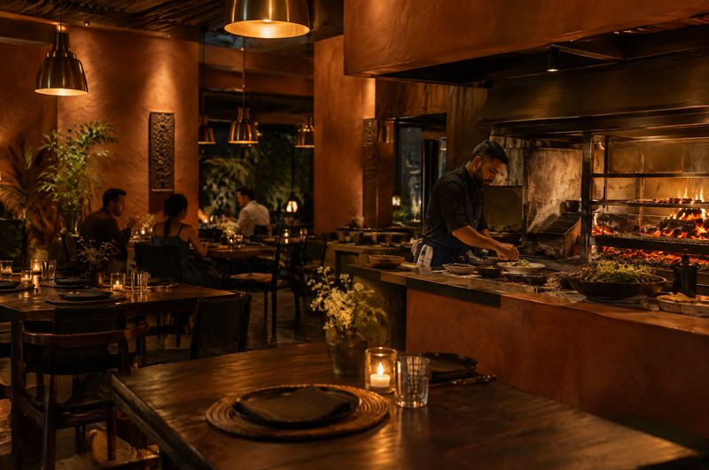 Warm restaurant interior with an open wood-fired grill and brass lamps